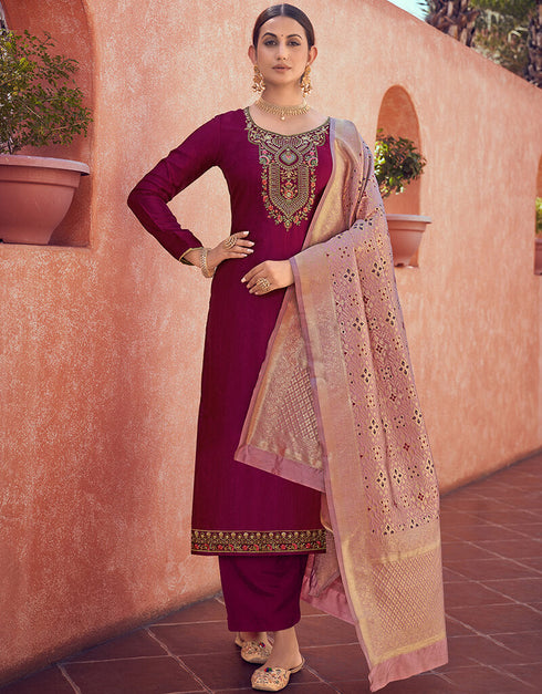 Wine Tusser Satin Butti Palazzo Straight Long